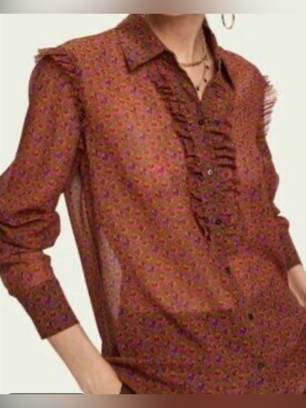 Scotch & Soda- Women’s Floral Ruffle Button-Up Top in Olive and Pink